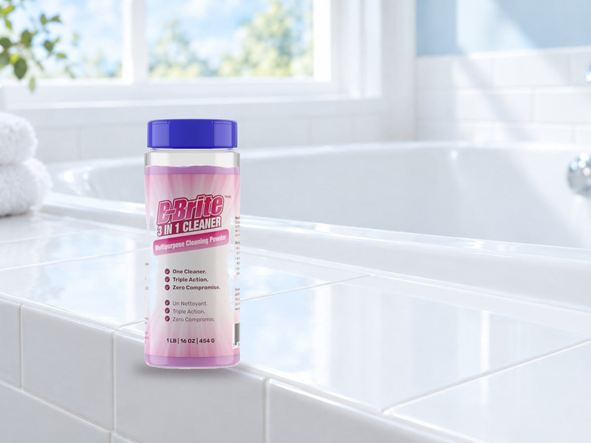 B-Brite 3 in 1 Cleaner canister on a bathtub ledge
