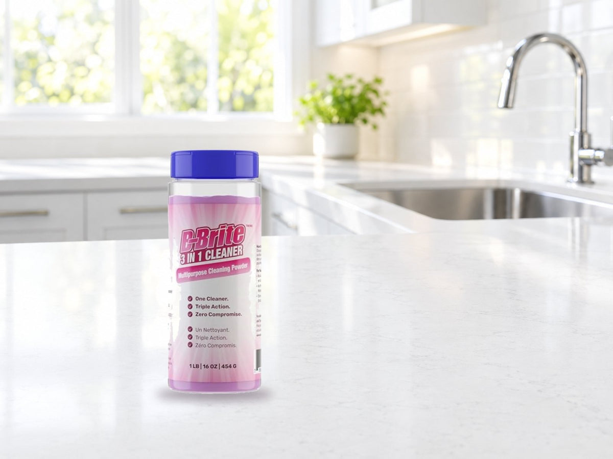 B-Brite 3 in 1 Cleaner canister on a kitchen counter