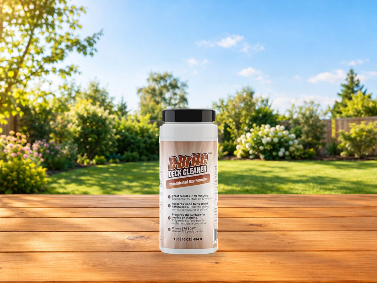 B-Brite Deck Cleaner canister on a backyard deck