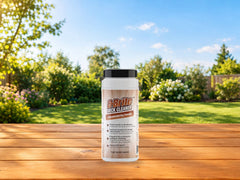 B-Brite Deck Cleaner canister on a backyard deck
