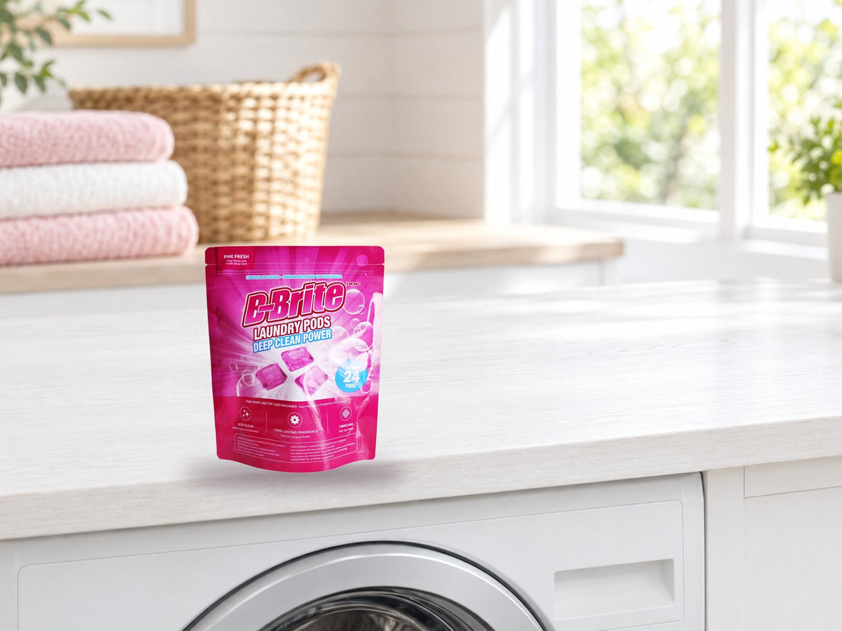 B-Brite Laundry Pods bag on a counter above a front-load washer