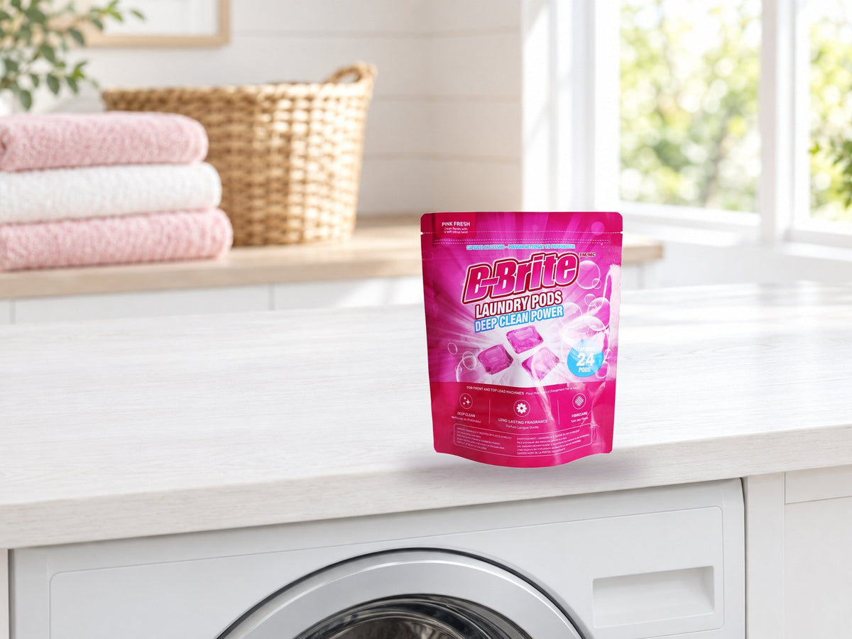 B-Brite Laundry Pods bag on a laundry room counter above the washer