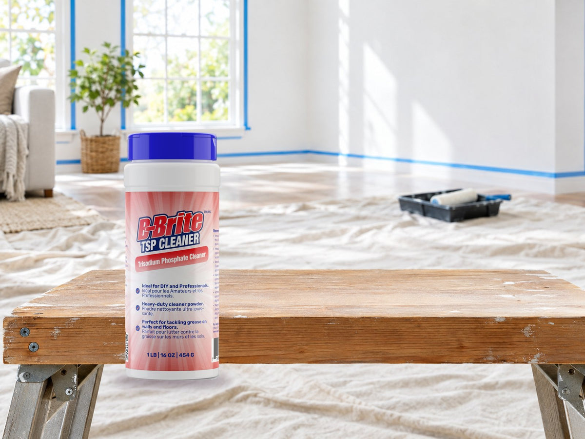 B-Brite TSP Cleaner canister on a sawhorse in a room prepped for painting