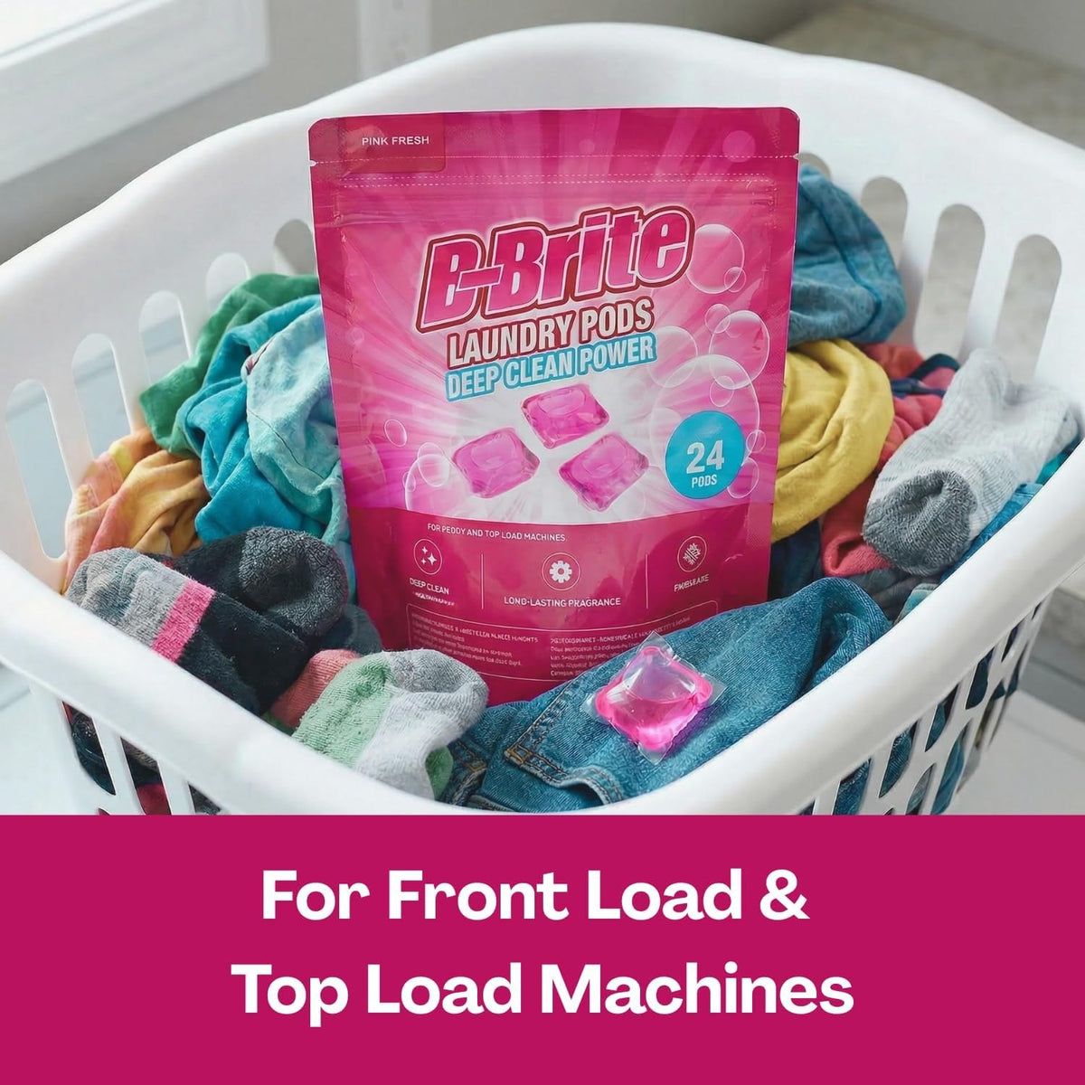 B-Brite Laundry Pods bag in a laundry basket, for front-load and top-load machines